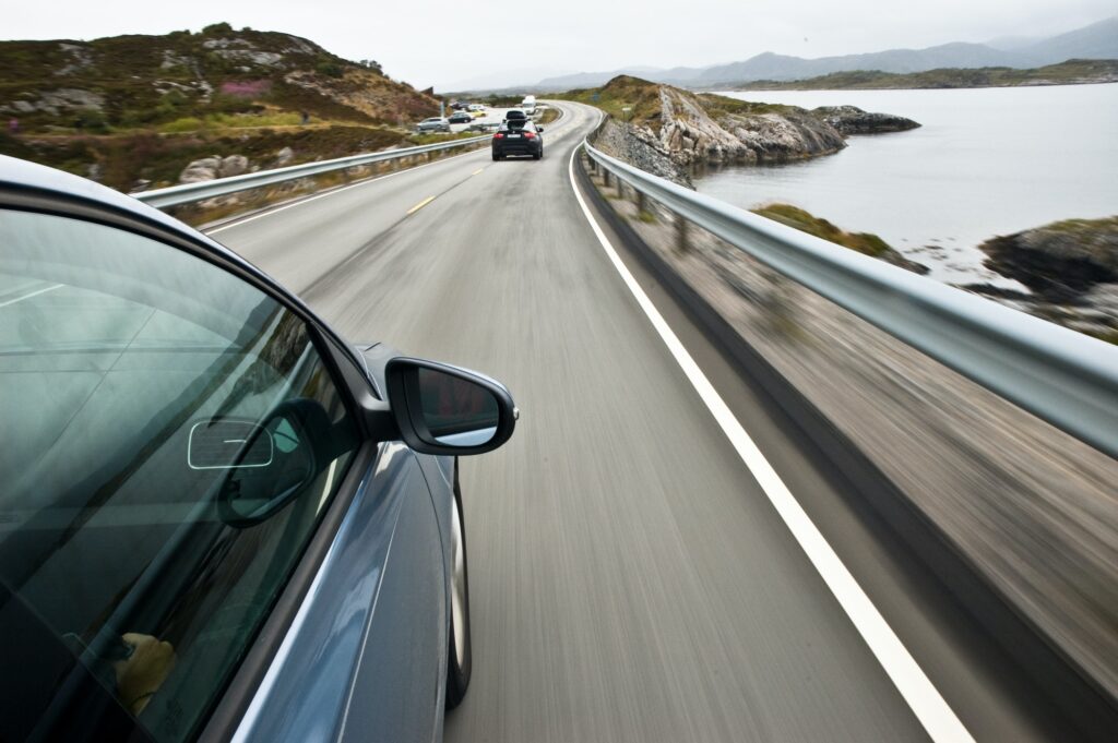car driving the Norwegian national road 64 known as the Atlantic road
