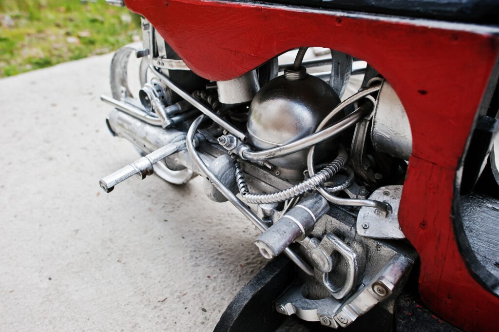 Close up details of handmade motor engine at motorcycle