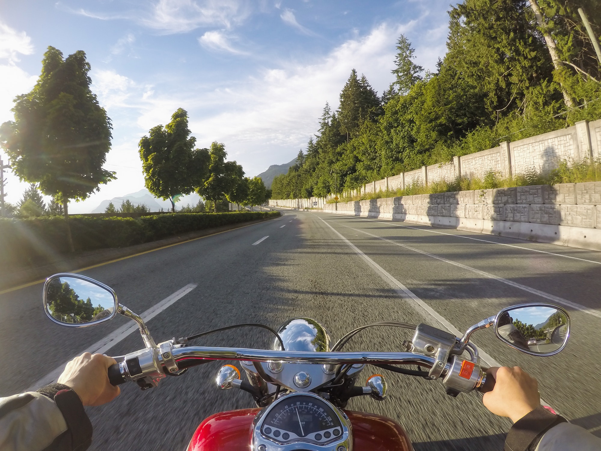 Riding a cruiser motorcycle on Sea to Sky Highway