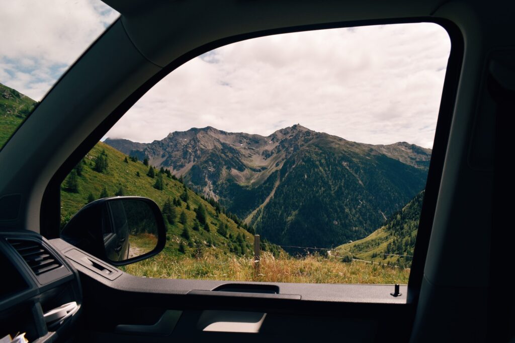 Mountain view through car window